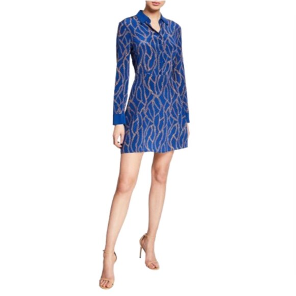 L'Agence Estelle Chain Mini Shirt Dress Womens XS Blue Gold Silk Button Down - Picture 2 of 13